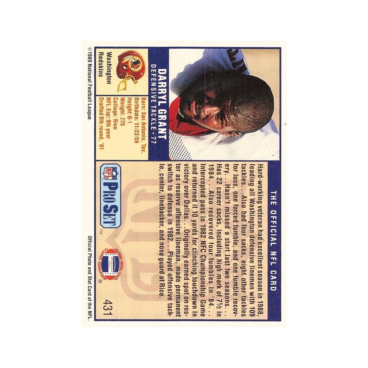 Darryl Grant Rookie 1989 Pro Set #431 Washington Redskins Football Card NM