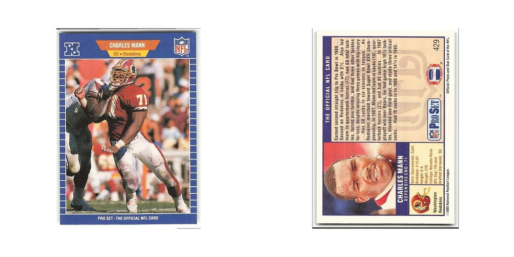 Charles Mann 1989 Pro Set #429 Washington Redskins Football Card NM