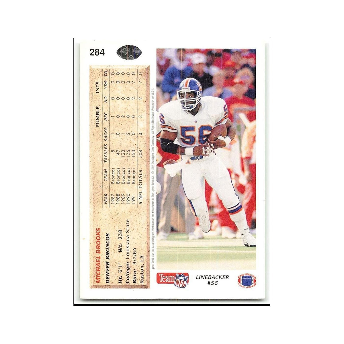 Michael Brooks 1992 Upper Deck #284 Denver Broncos Football Card NM