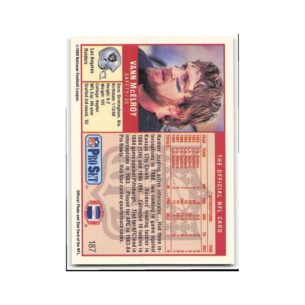 Vann McElroy 1989 Pro Set #187 Los Angeles Raiders Football Card NM