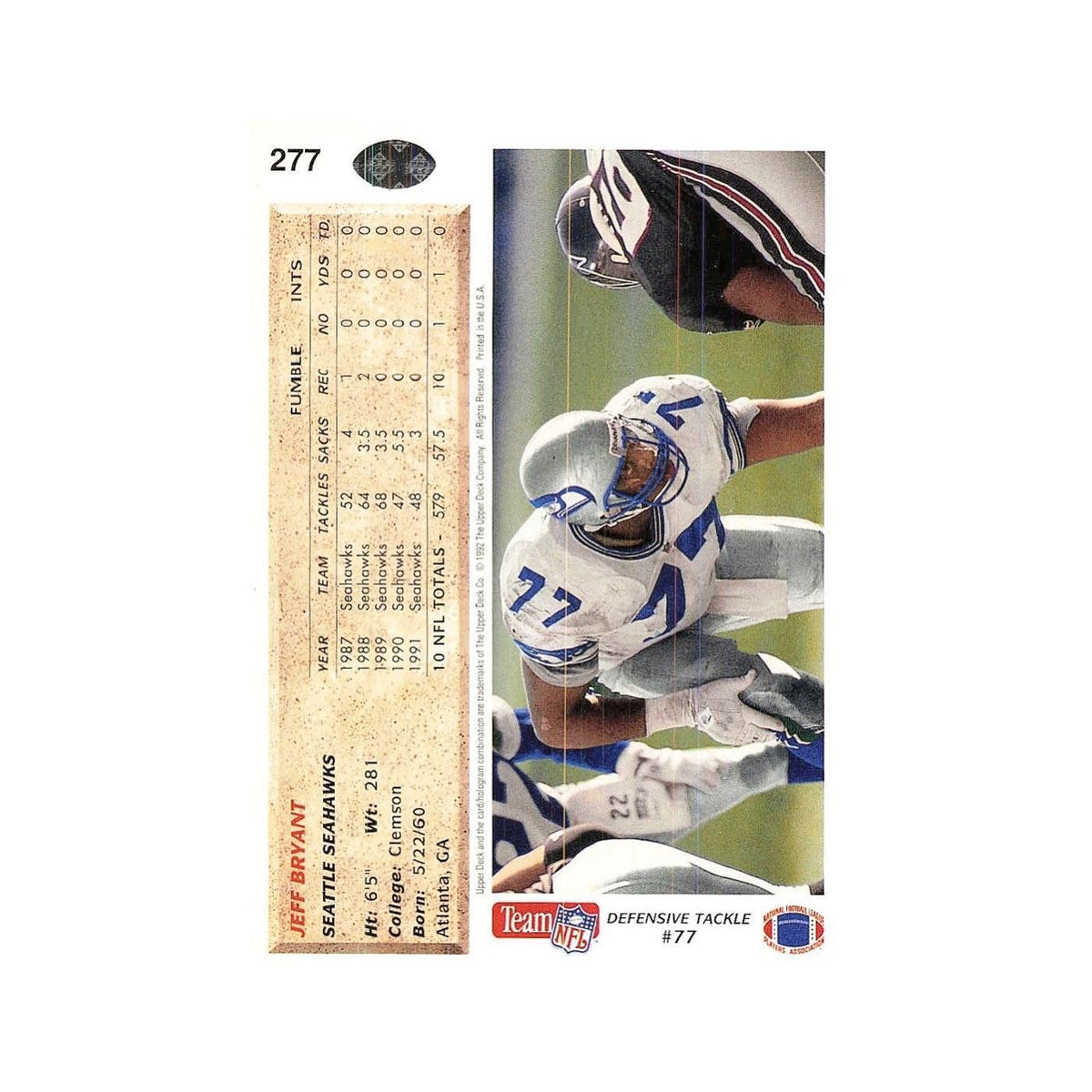 Jeff Bryant 1992 Upper Deck #277 Seattle Seahawks Football Card NM