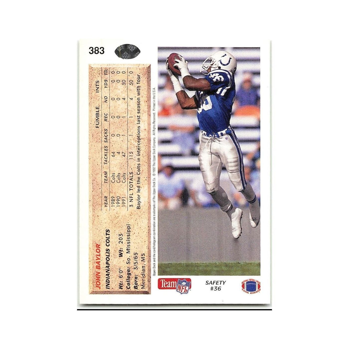 John Baylor 1992 Upper Deck #383 Indianapolis Colts Football Card NM
