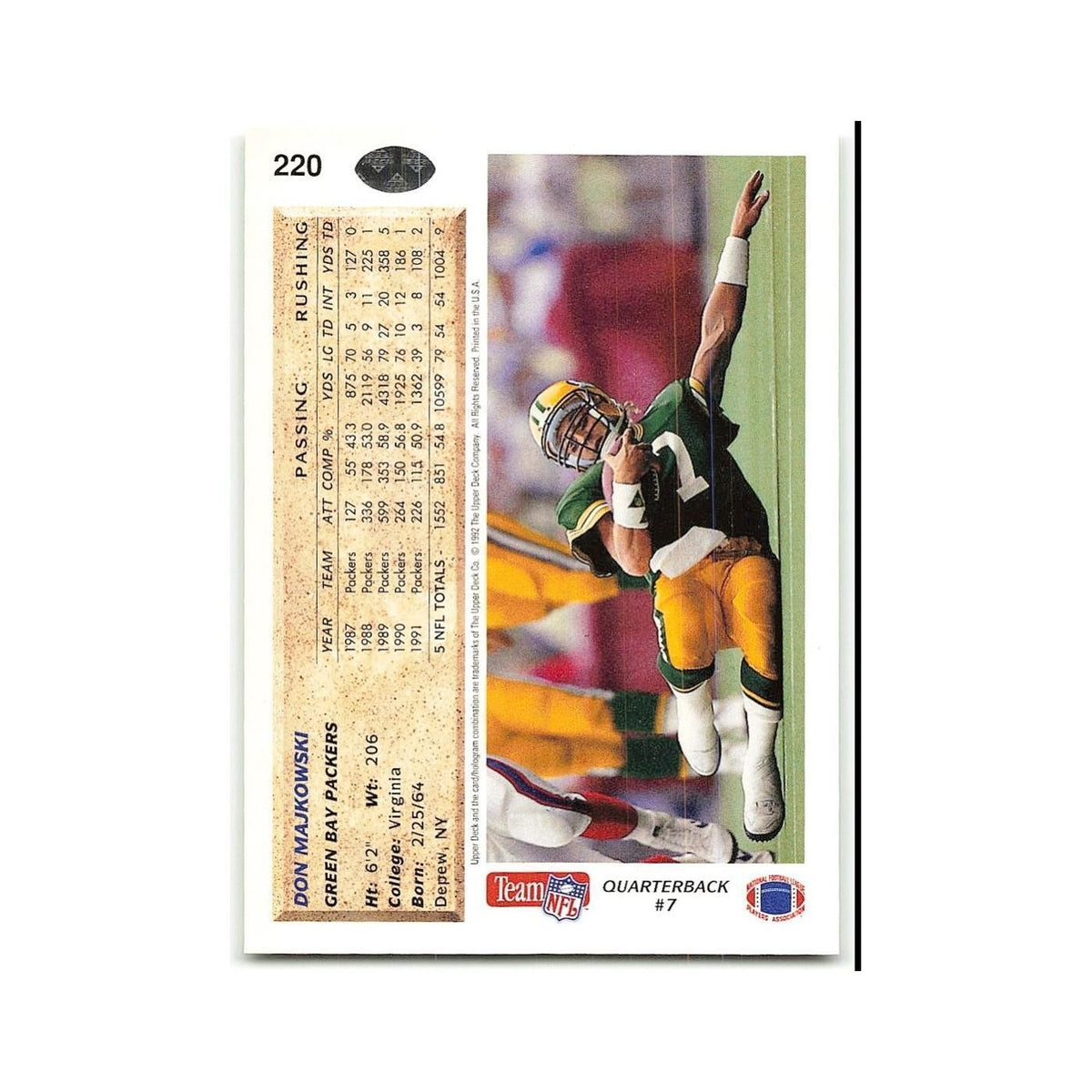 Don Majkowski 1992 Upper Deck #220 Green Bay Packers Football Card NM