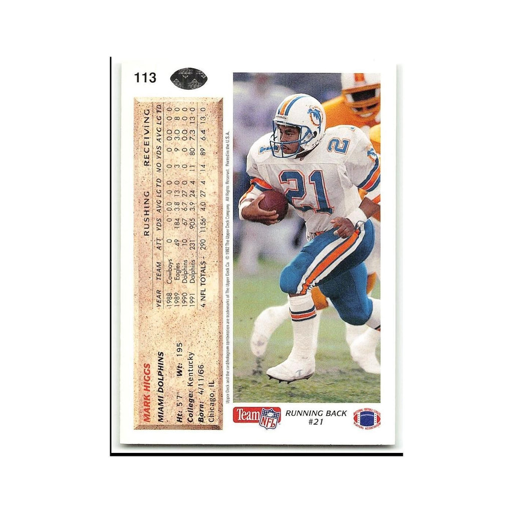 Mark Higgs 1992 Upper Deck #113 Miami Dolphins Football Card NM