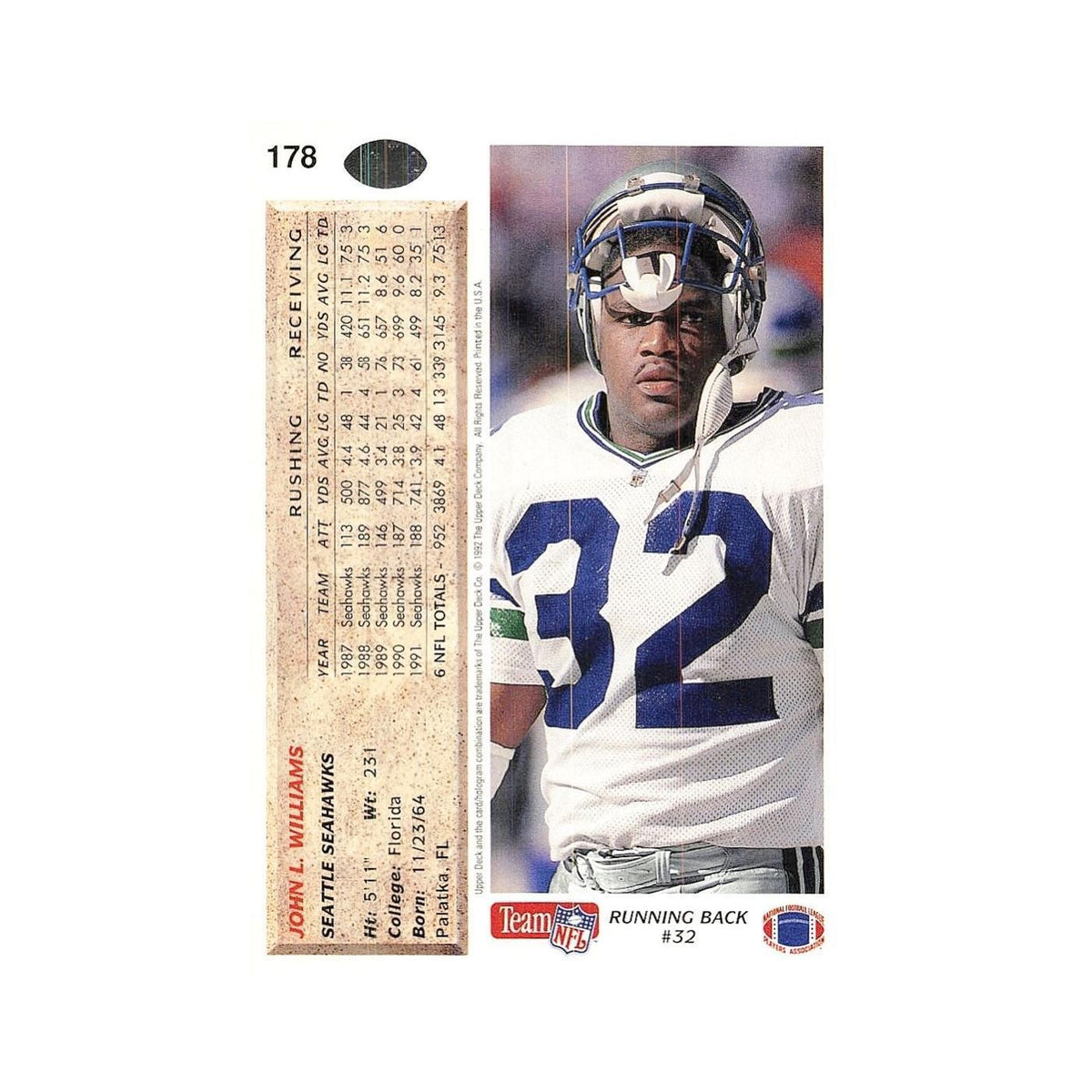 John L. Williams 1992 Upper Deck #178 Seattle Seahawks Football Card NM