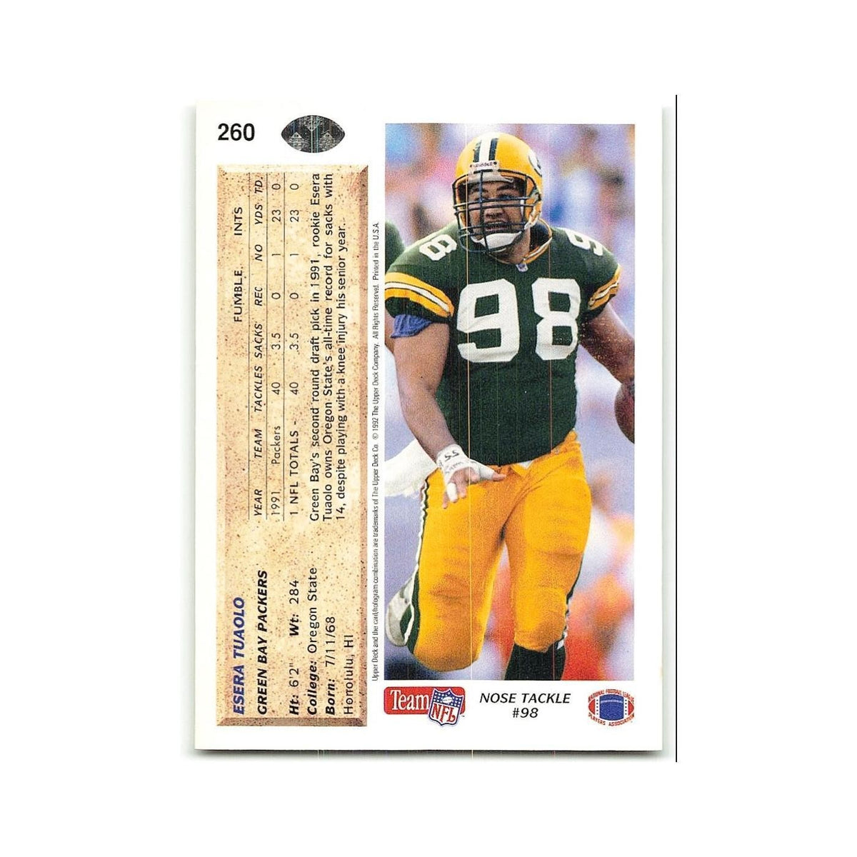 Esera Tuaolo 1992 Upper Deck #260 Green Bay Packers Football Card NM