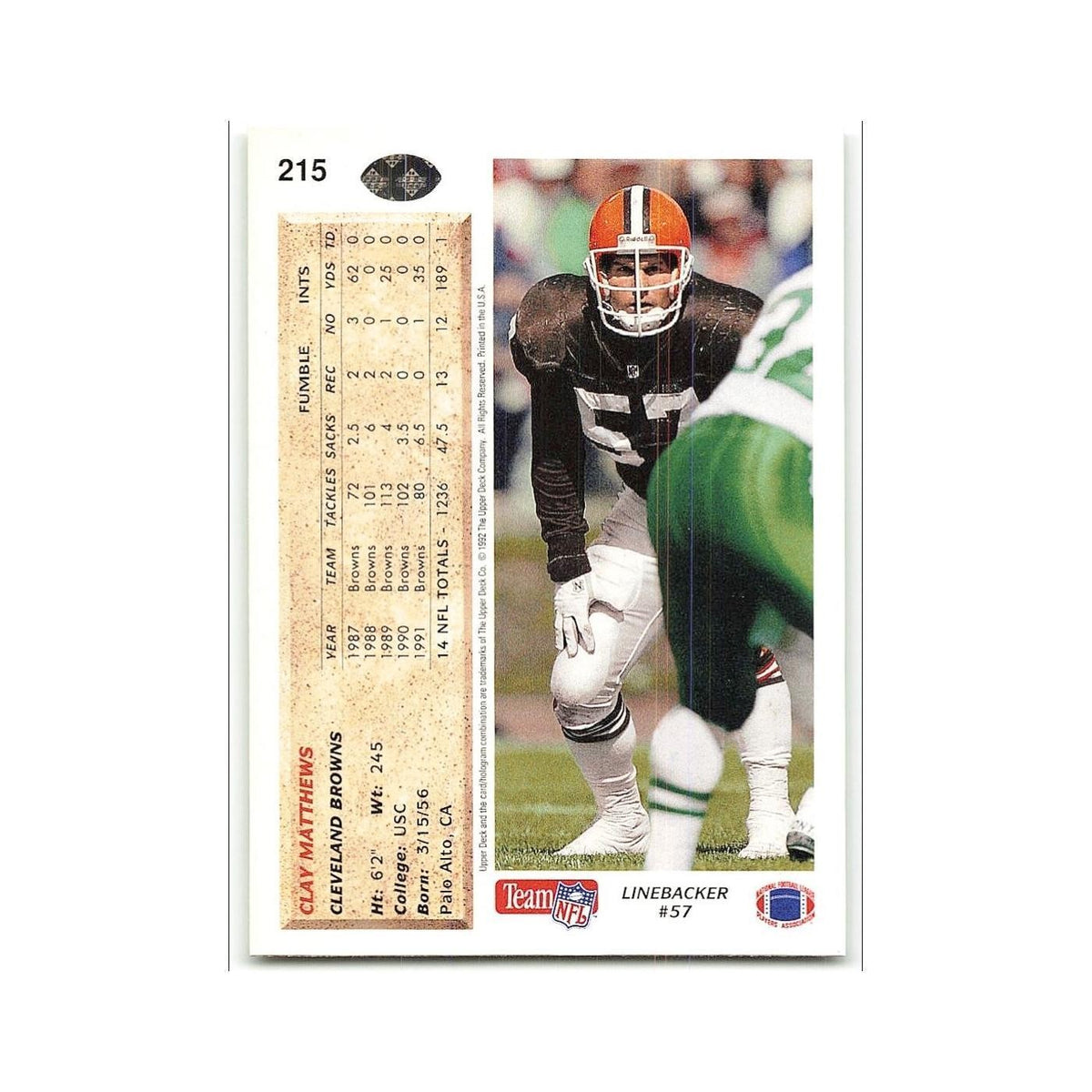 Clay Matthews 1992 Upper Deck #215 Cleveland Browns Football Card NM