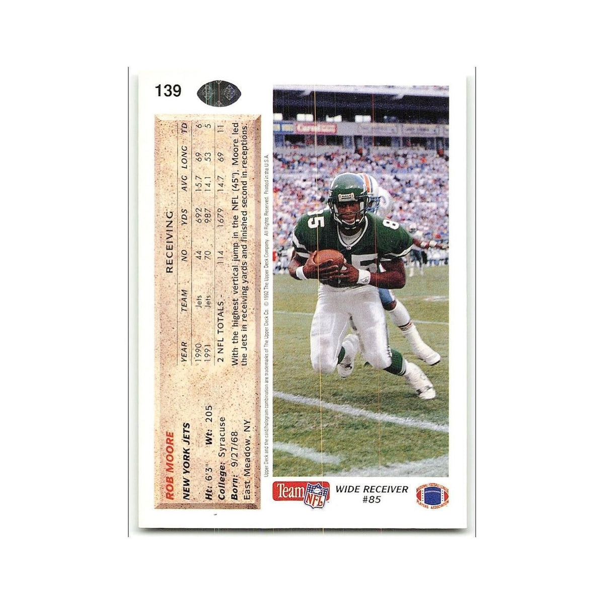 Rob Moore 1992 Upper Deck #139 New York Jets Football Card NM