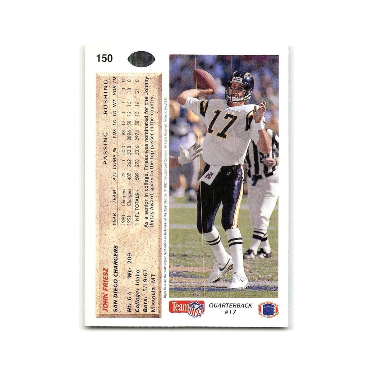 John Friesz 1992 Upper Deck #150 San Diego Chargers Football Card NM