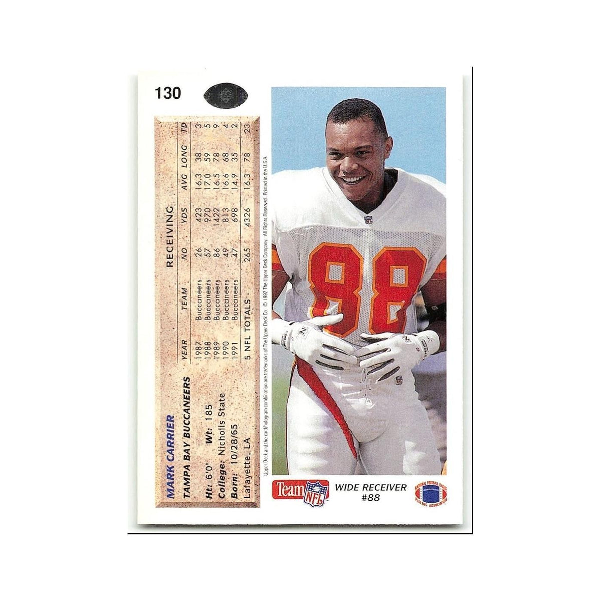 Mark Carrier 1992 Upper Deck #130 Tampa Bay Buccaneers Football Card NM