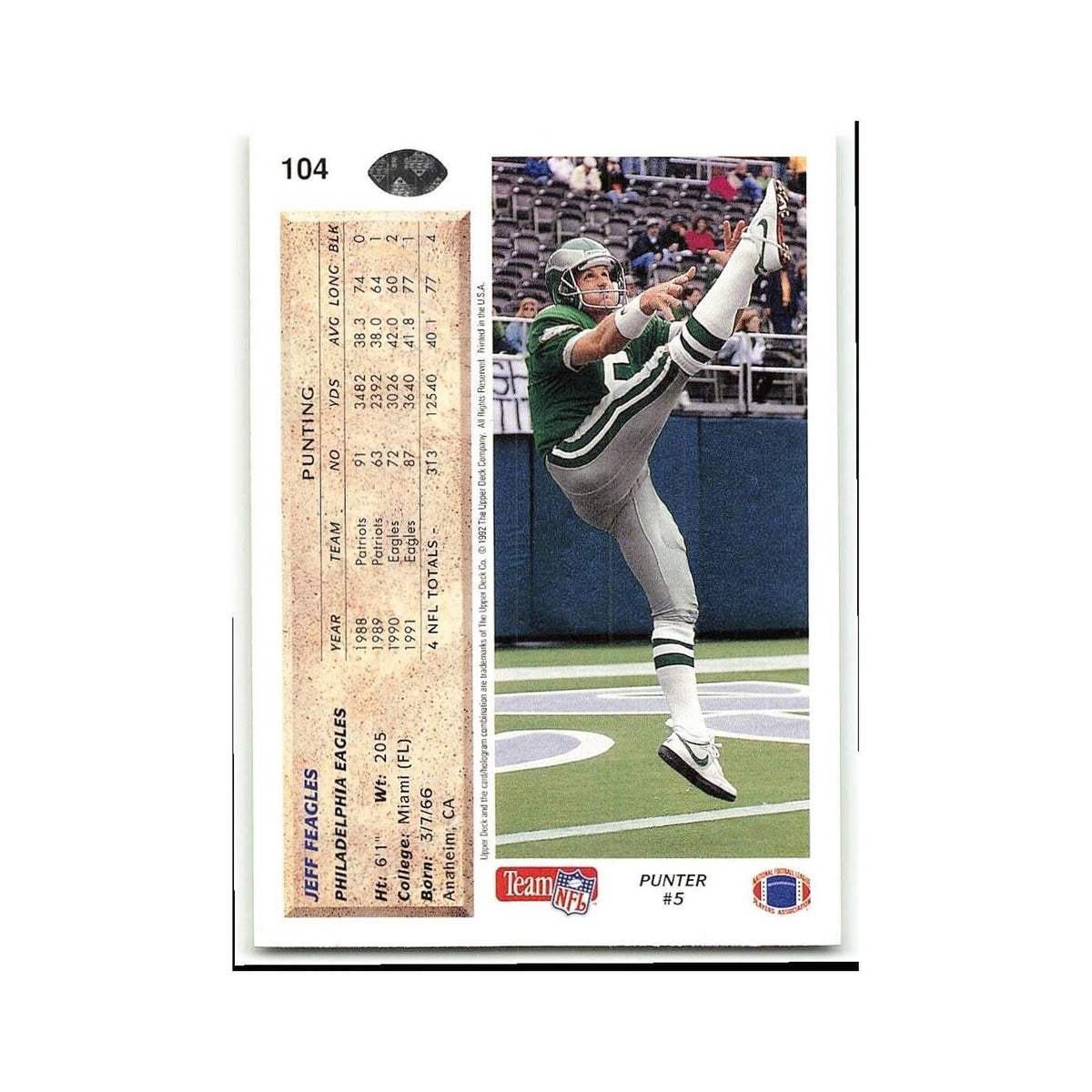 Jeff Feagles 1992 Upper Deck #104 Philadelphia Eagles Football Card NM