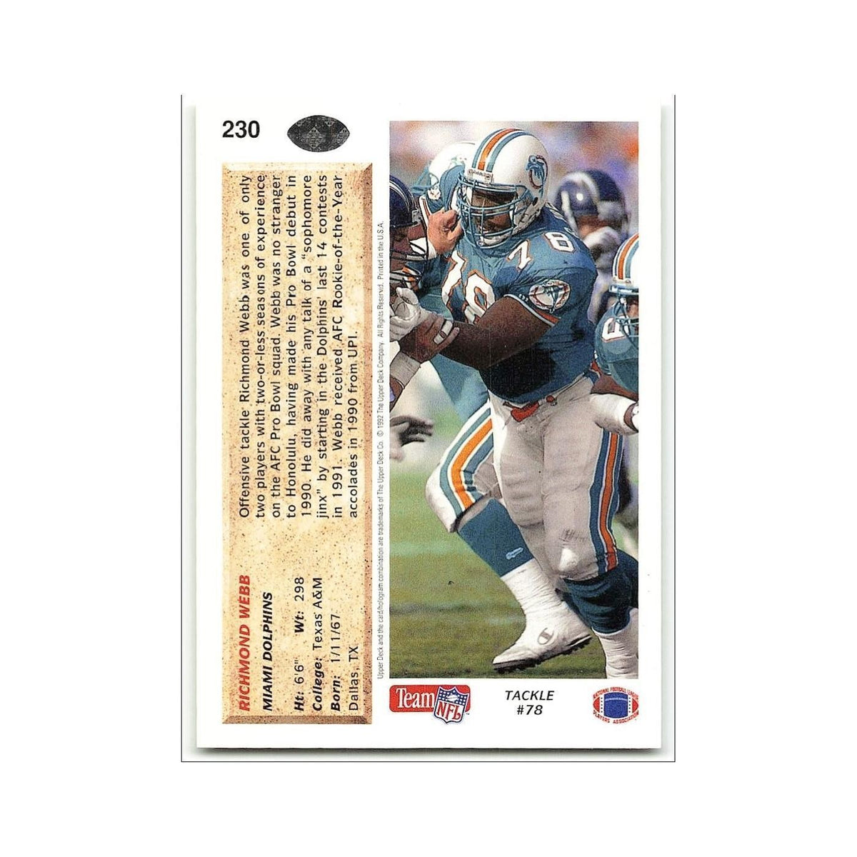 Richmond Webb 1992 Upper Deck #230 Miami Dolphins Football Card NM