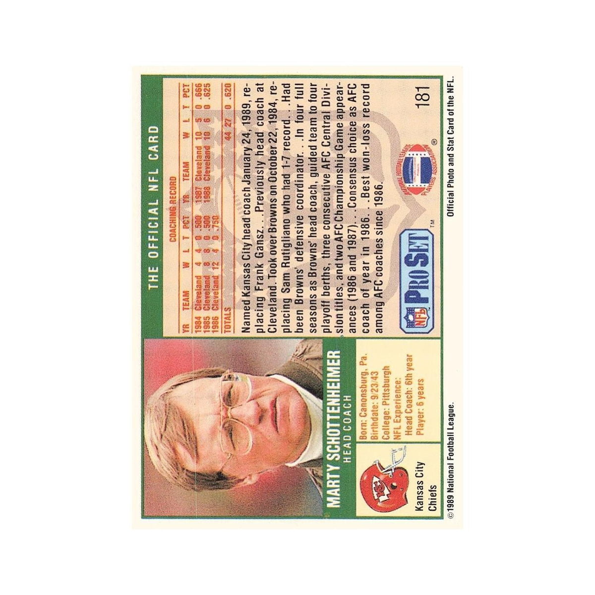 Marty Schottenheimer 1989 Pro Set #181 Kansas City Chiefs Football Card NM
