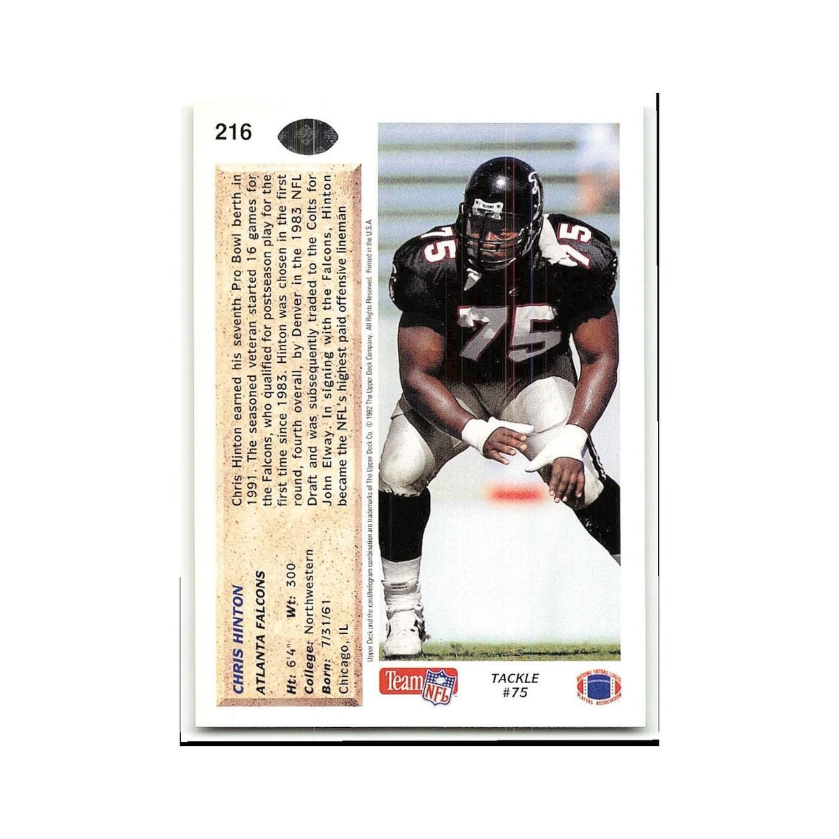 Chris Hinton 1992 Upper Deck #216 Atlanta Falcons Football Card NM