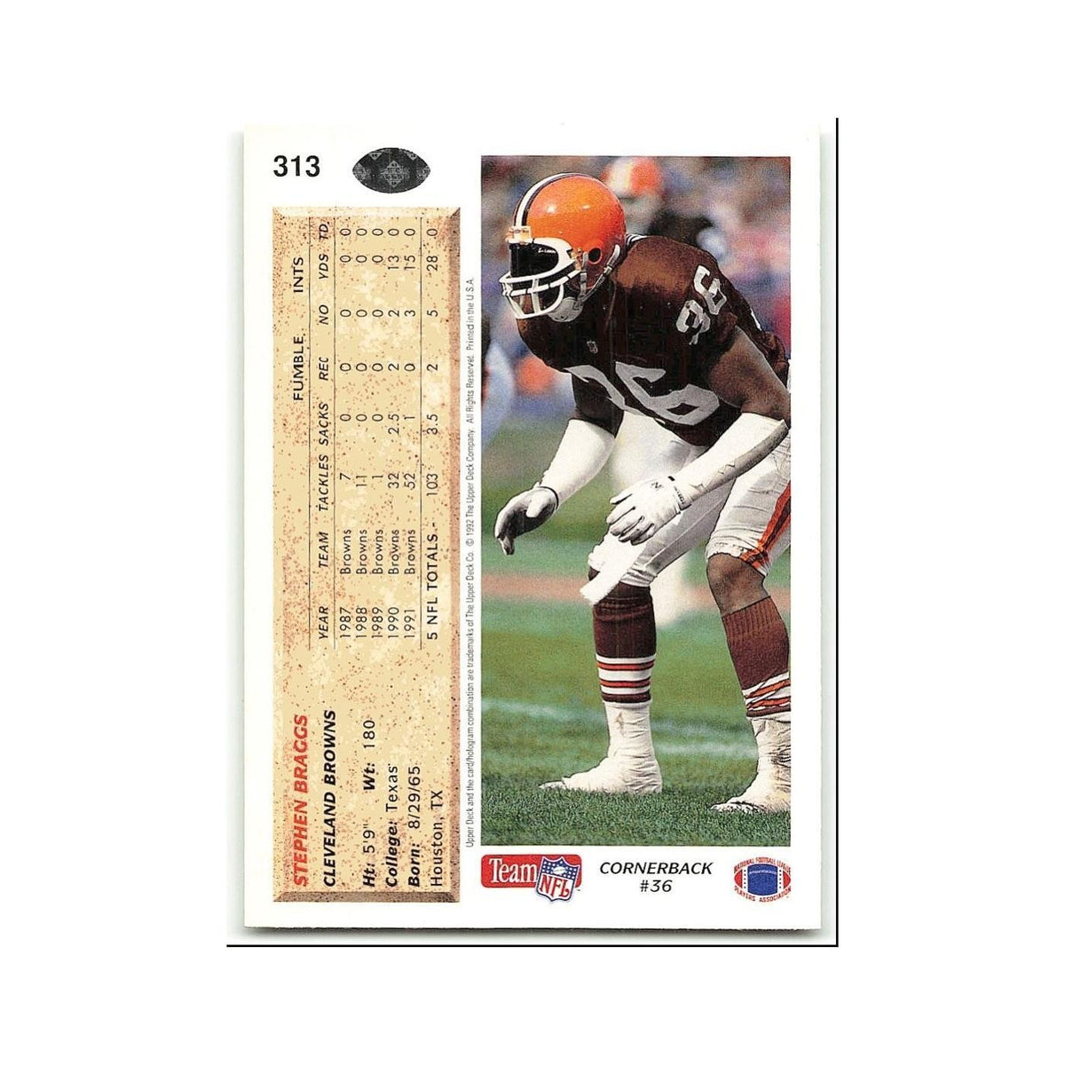 Stephen Braggs 1992 Upper Deck #313 Cleveland Browns Football Card NM