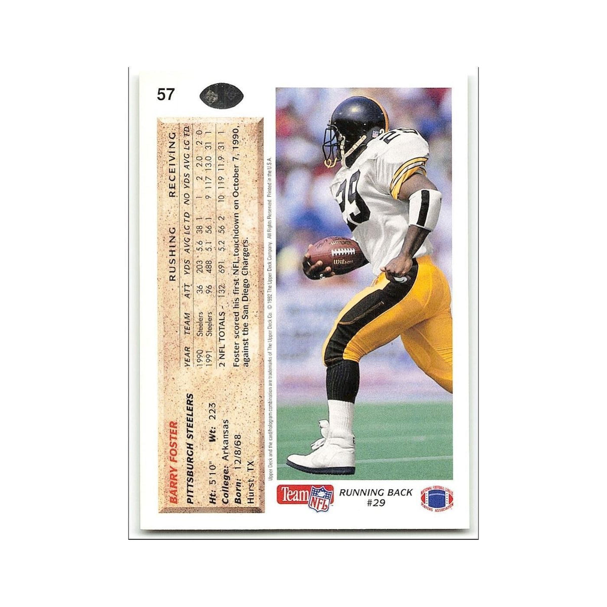 Barry Foster 1992 Upper Deck #57 Pittsburgh Steelers Football Card NM