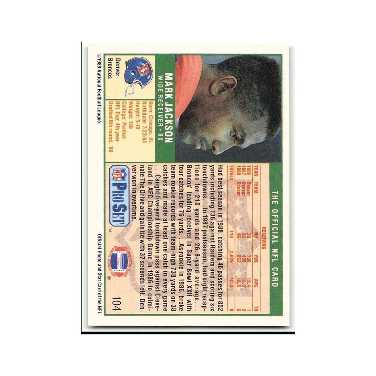 Mark Jackson 1989 Pro Set #104 Denver Broncos Football Card NM