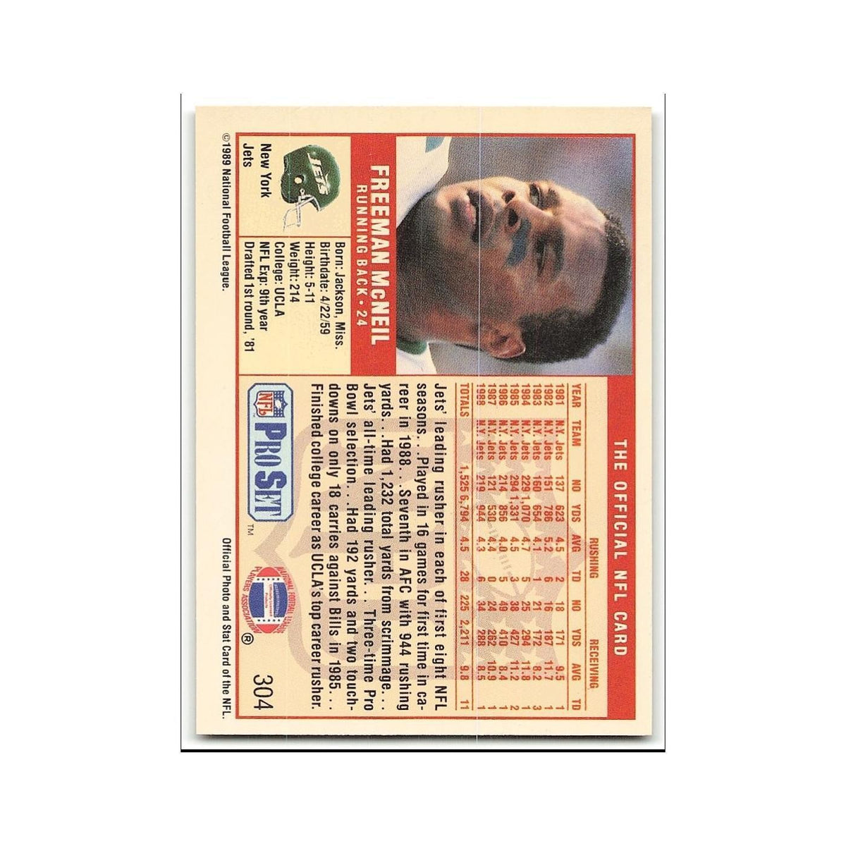 Freeman McNeil 1989 Pro Set #304 New York Jets Football Card NM