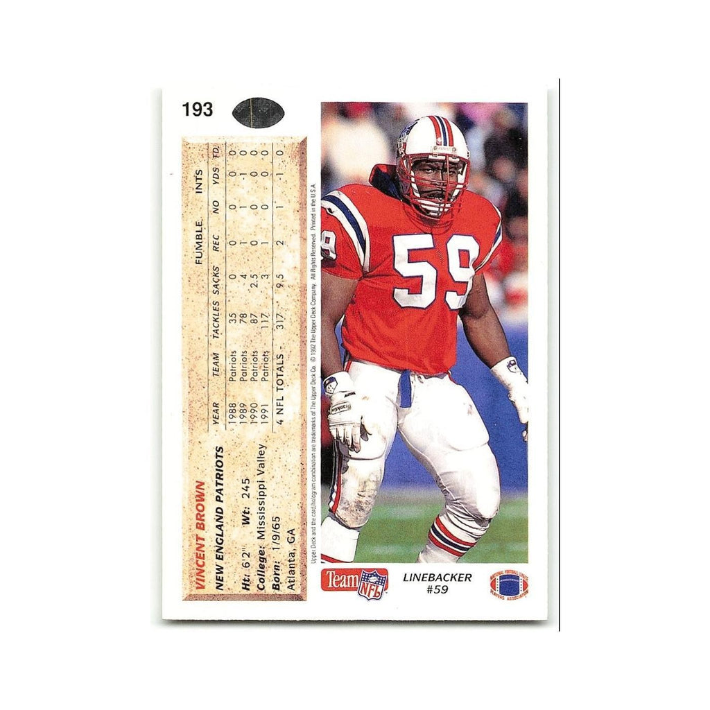 Vincent Brown 1992 Upper Deck #193 New England Patriots Football Card NM