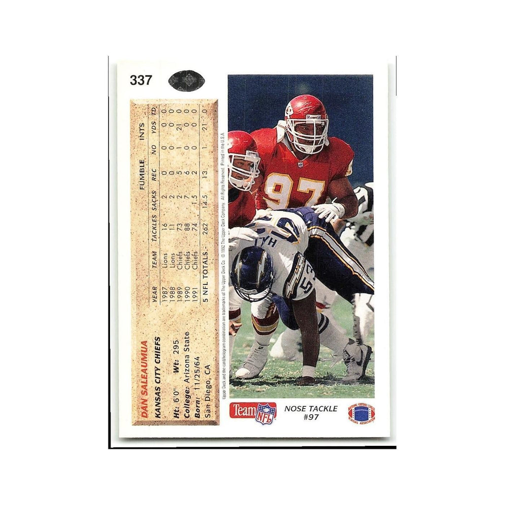 Dan Saleaumua 1992 Upper Deck #337 Kansas City Chiefs Football Card NM