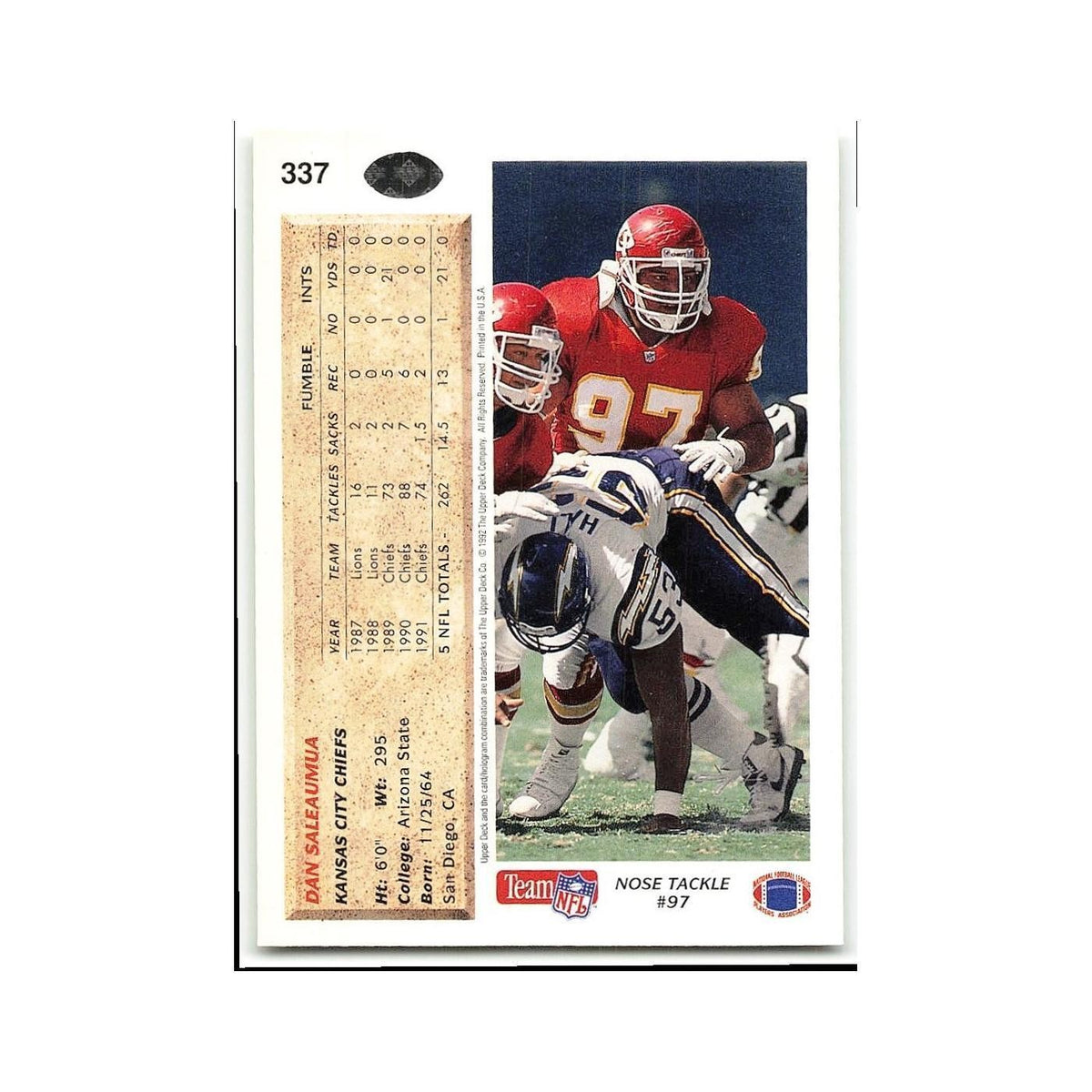Dan Saleaumua 1992 Upper Deck #337 Kansas City Chiefs Football Card NM