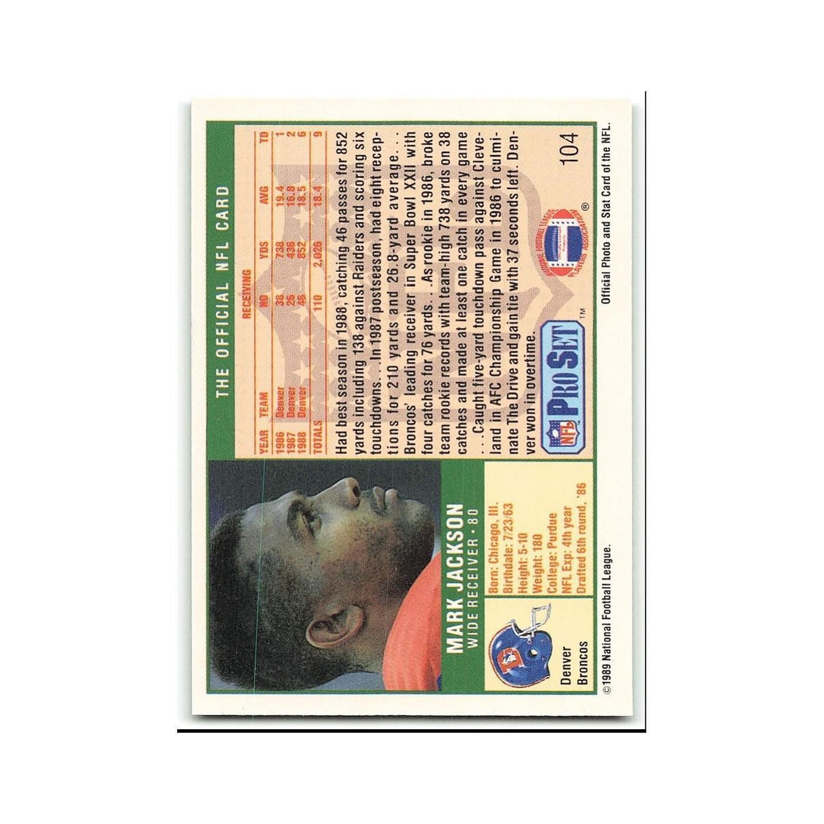 Mark Jackson 1989 Pro Set #104 Denver Broncos Football Card NM