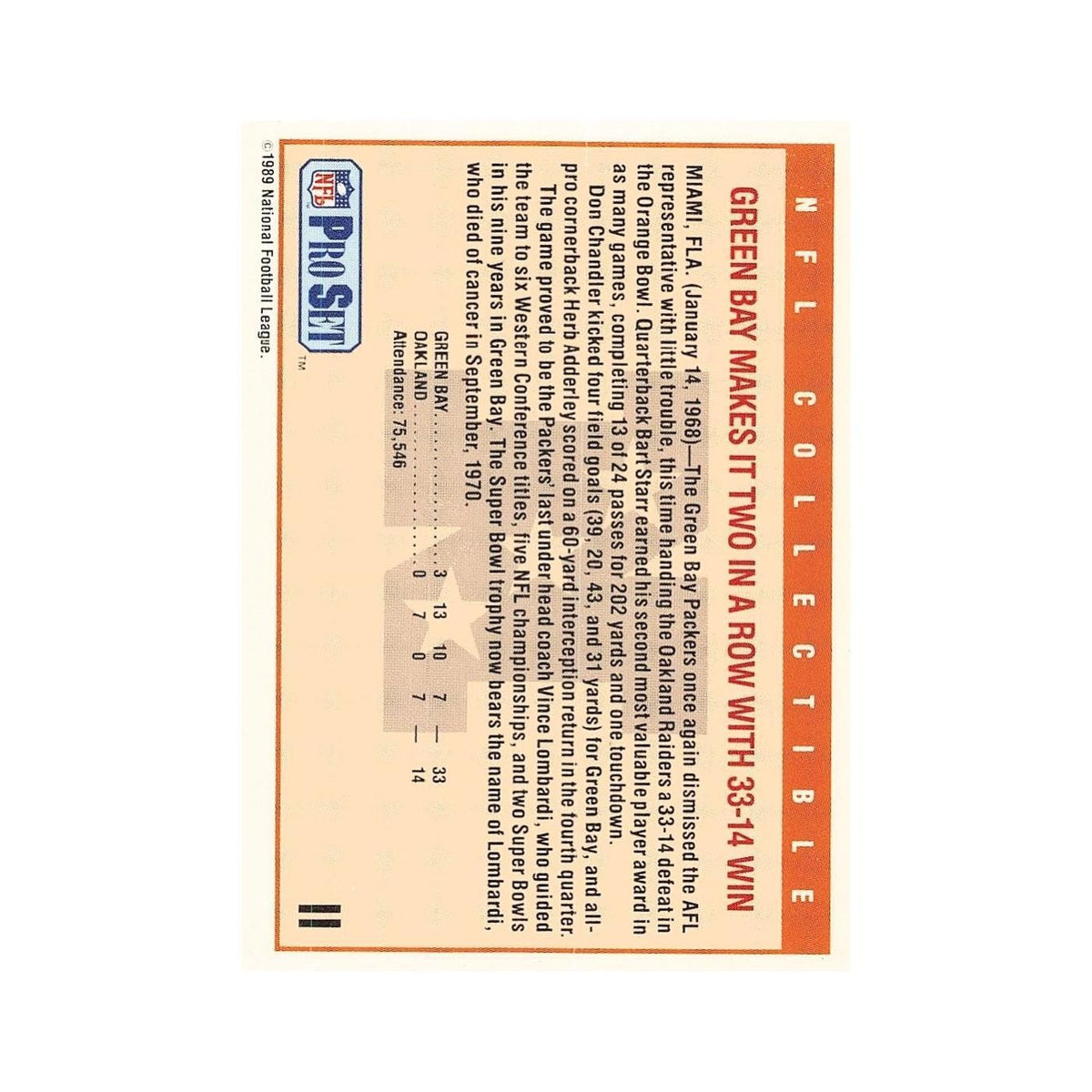 Super Bowl II 1989 Pro Set #II Green Bay Packers Football Card NM