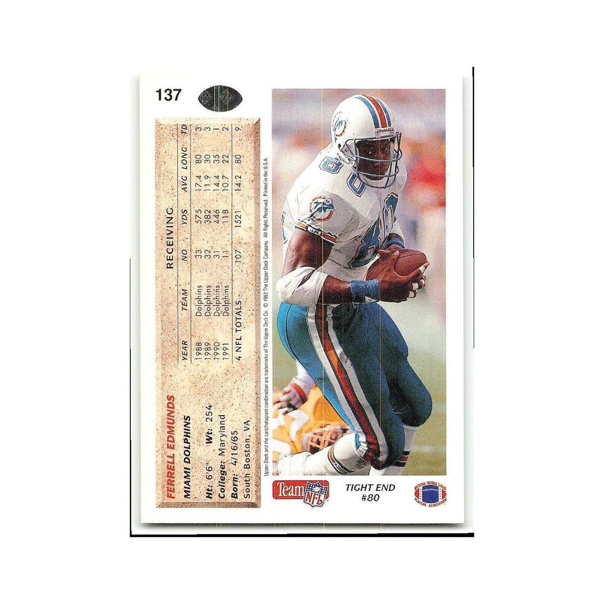 Ferrell Edmunds 1992 Upper Deck #137 Miami Dolphins Football Card NM