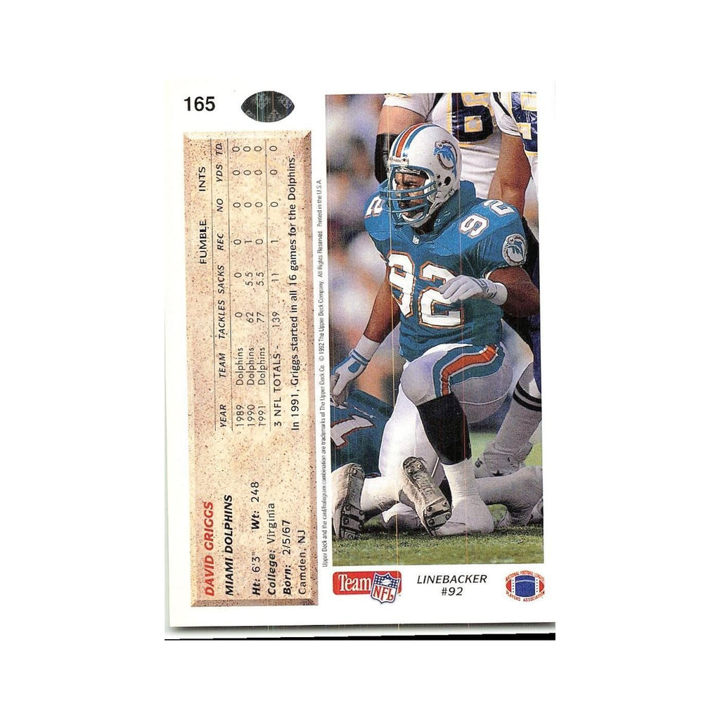 David Griggs 1992 Upper Deck #165 Miami Dolphins Football Card NM