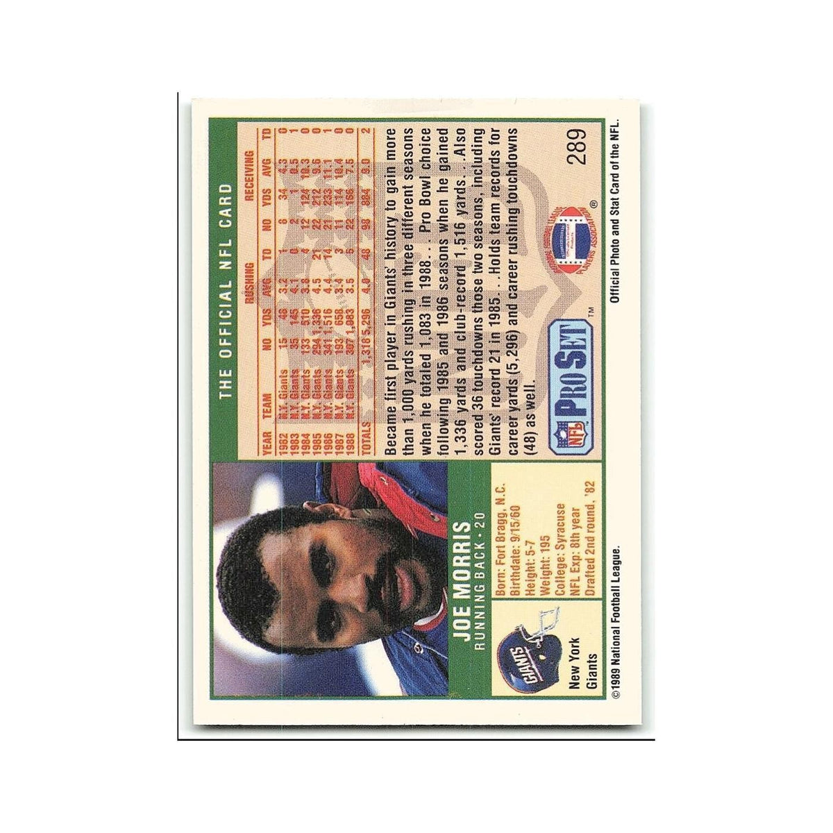 Joe Morris 1989 Pro Set #289 New York Giants Football Card NM