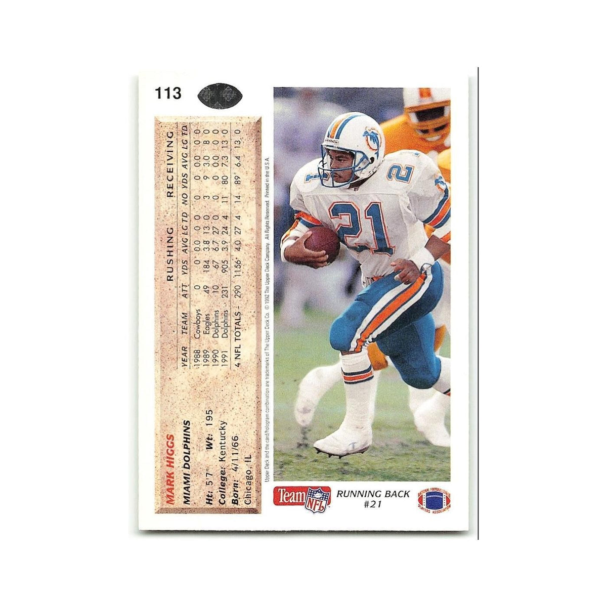 Mark Higgs 1992 Upper Deck #113 Miami Dolphins Football Card NM