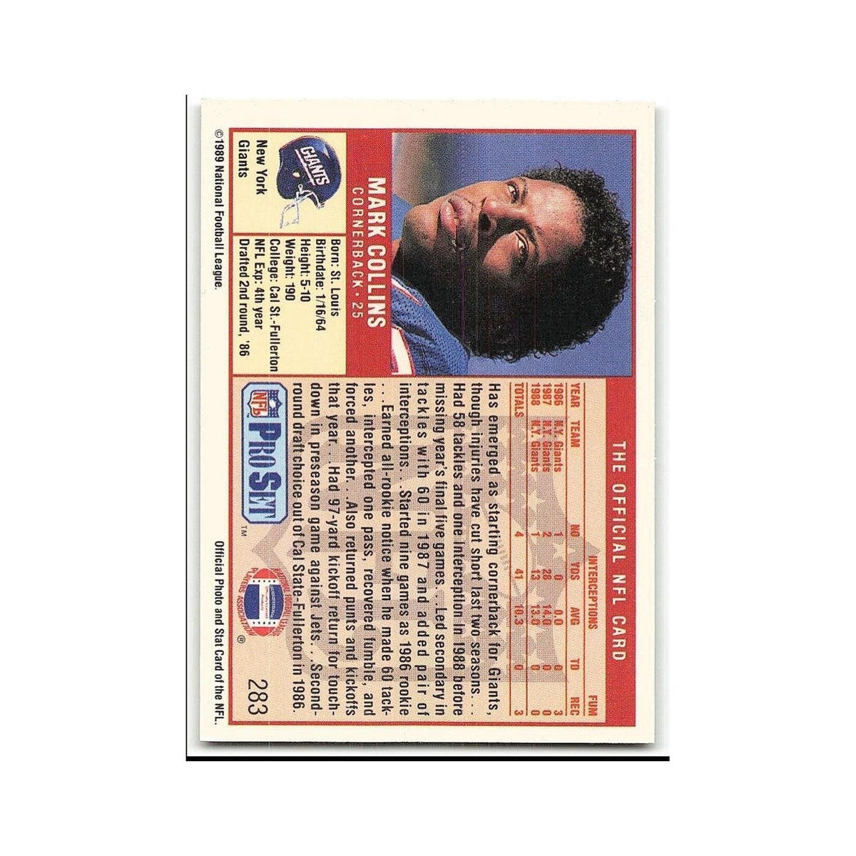 Mark Collins Rookie 1989 Pro Set #283 New York Giants Football Card NM