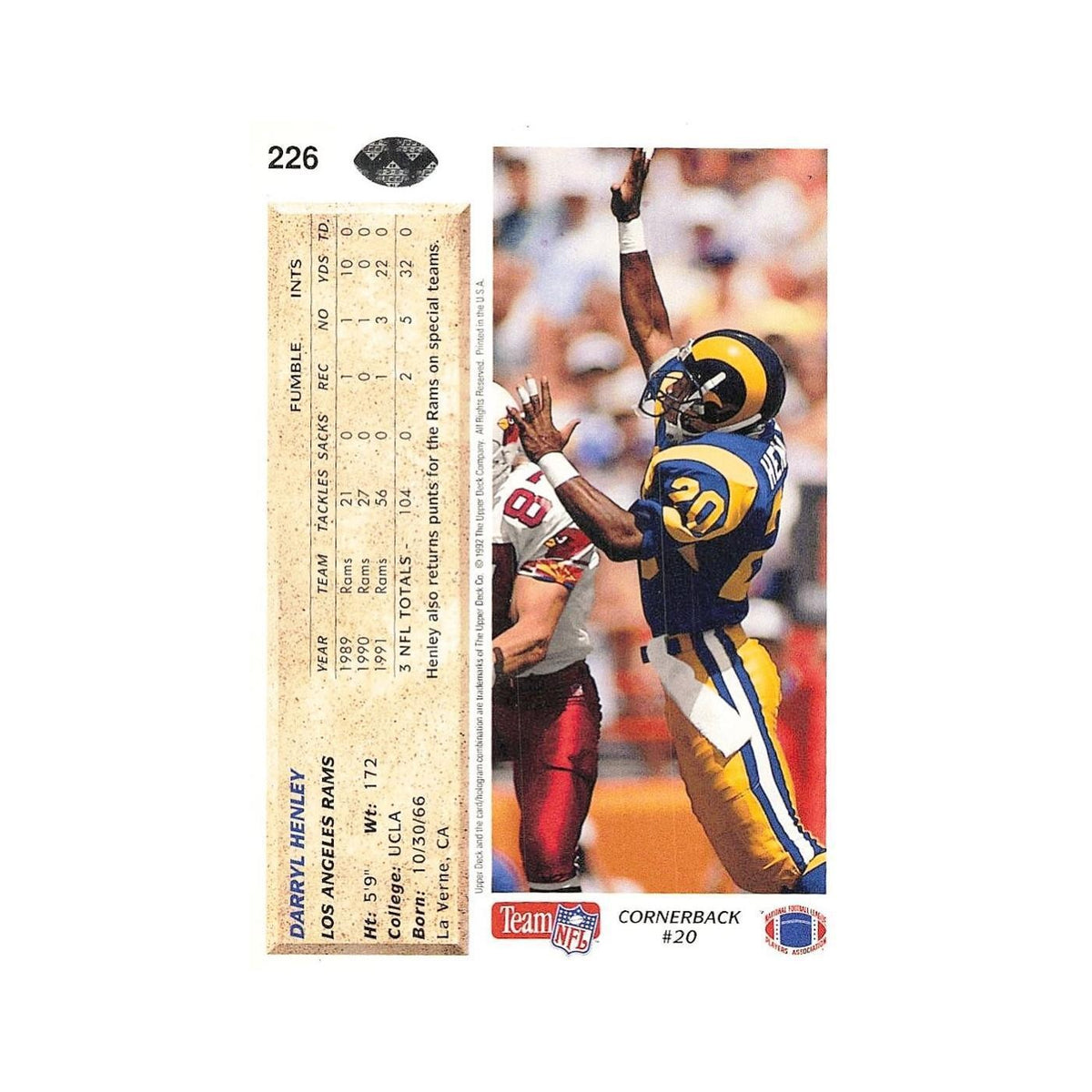 Darryl Henley 1992 Upper Deck #226 Los Angeles Rams Football Card NM