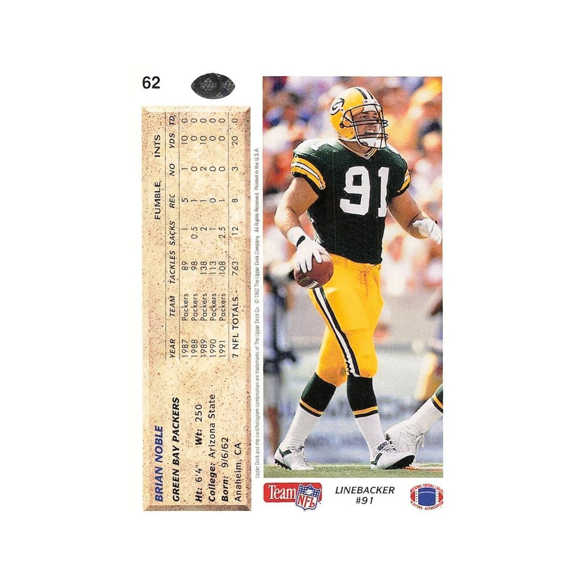 Brian Noble 1992 Upper Deck #62 Green Bay Packers Football Card NM