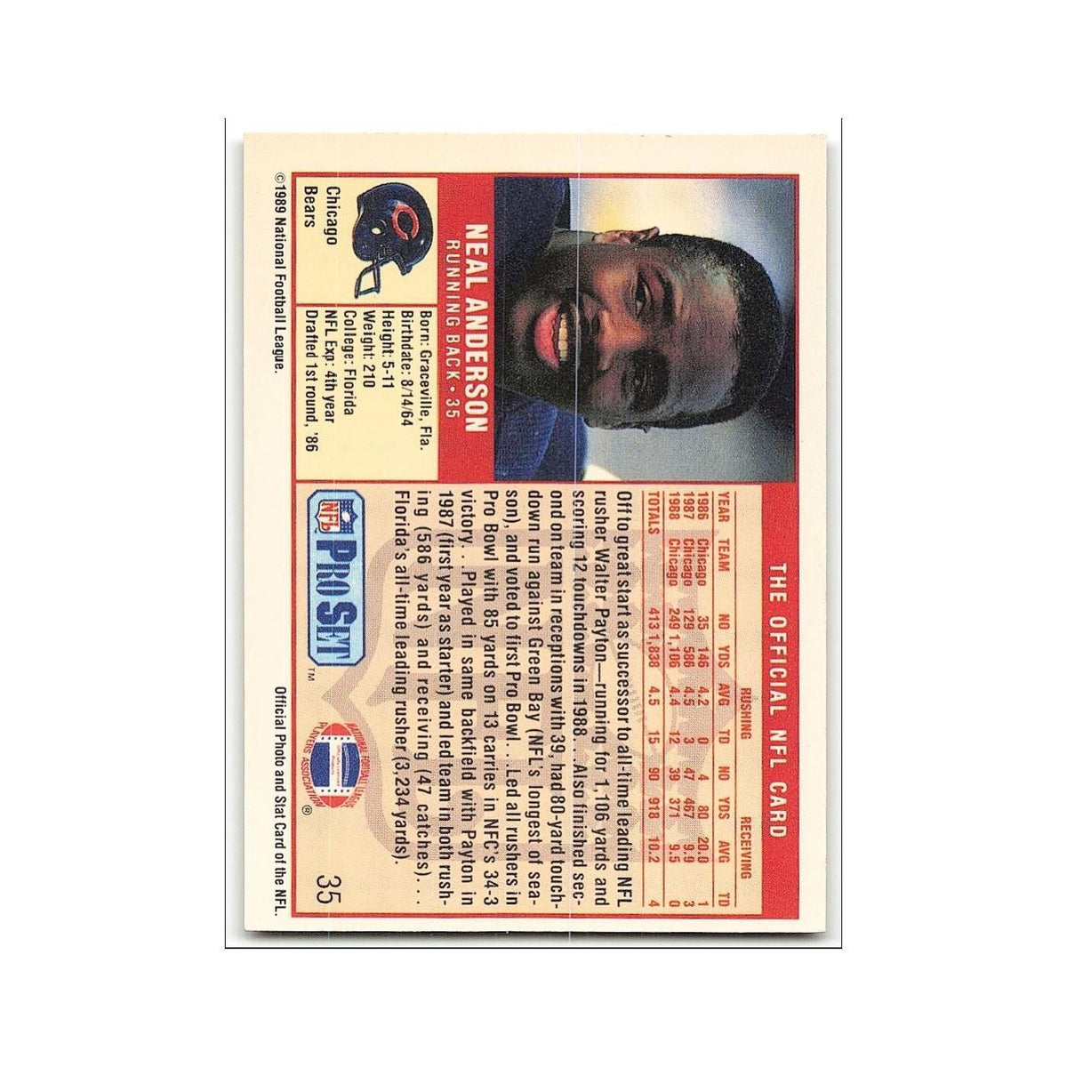 Neal Anderson 1989 Pro Set #35 Chicago Bears Football Card NM