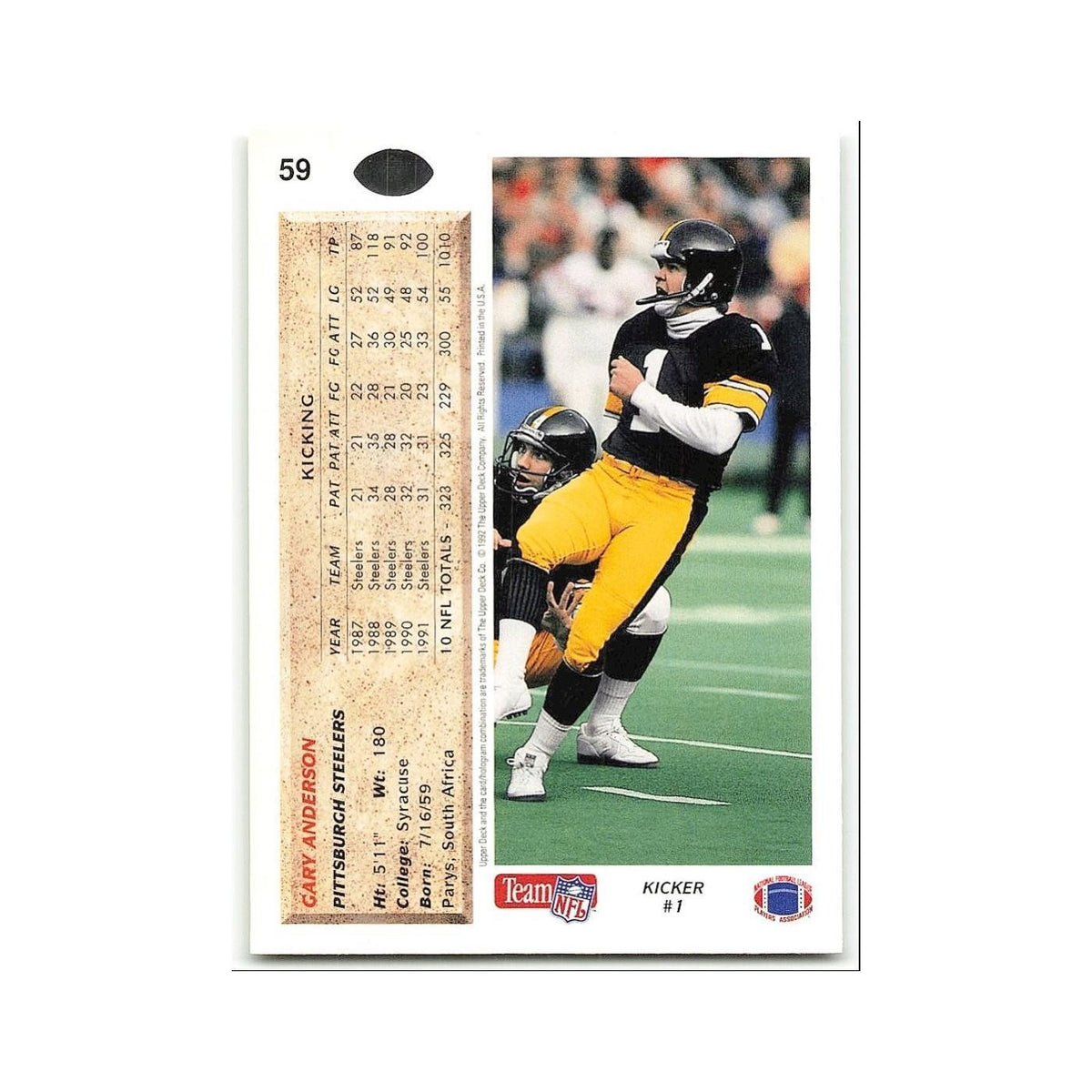 Gary Anderson 1992 Upper Deck #59 Pittsburgh Steelers Football Card NM