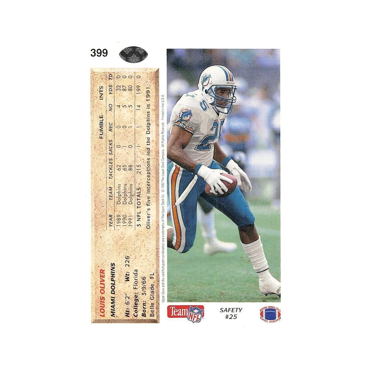 Louis Oliver 1992 Upper Deck #399 Miami Dolphins Football Card NM