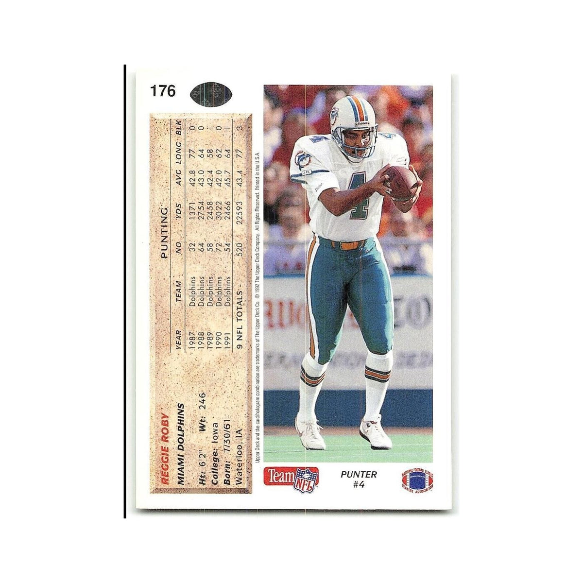 Reggie Roby 1992 Upper Deck #176 Miami Dolphins Football Card NM