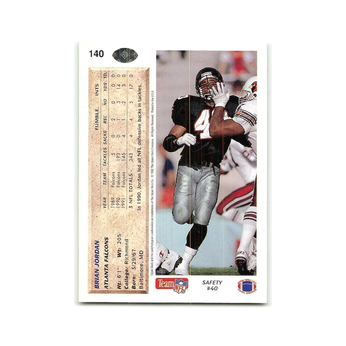 Brian Jordan 1992 Upper Deck #140 Atlanta Falcons Football Card NM