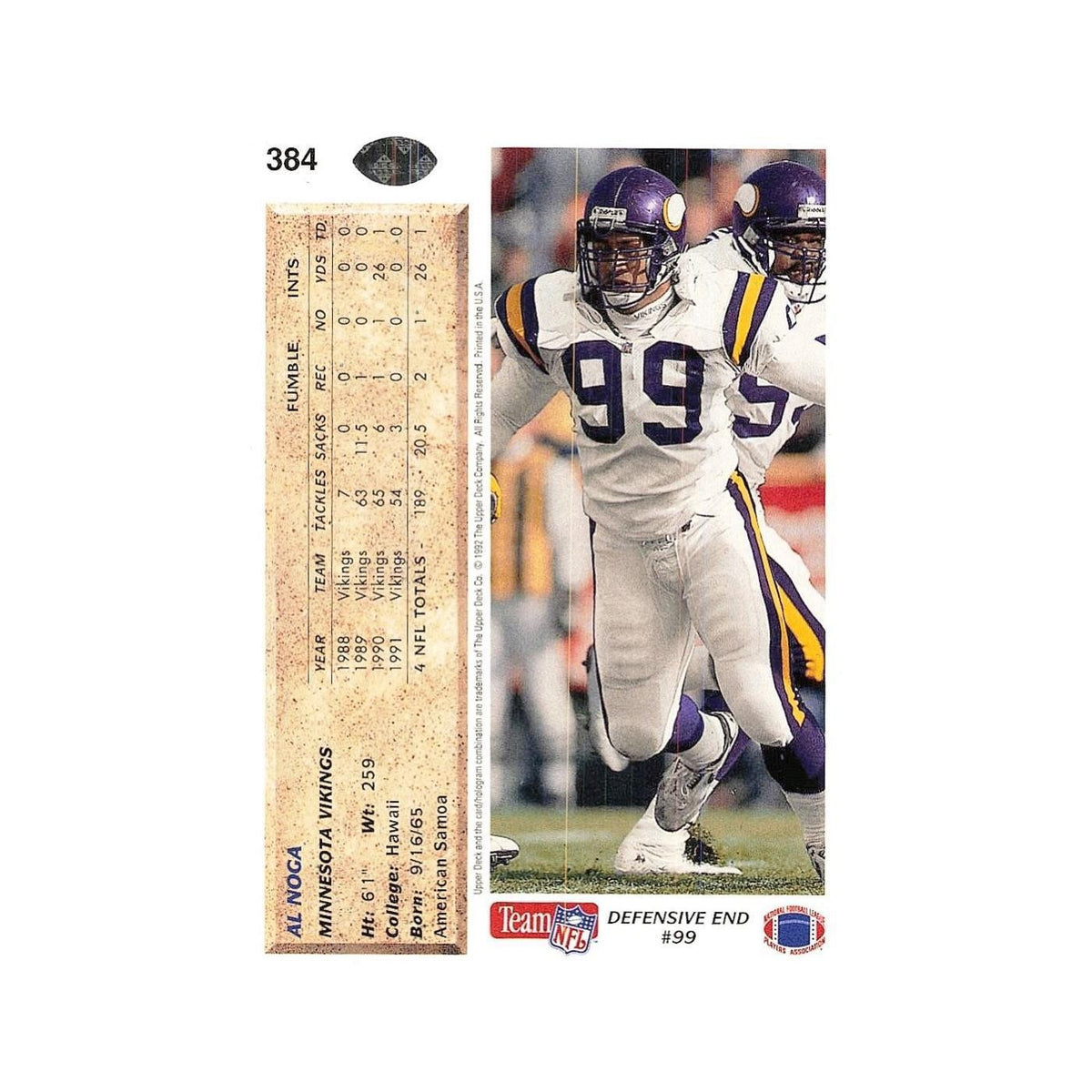 Al Noga 1992 Upper Deck #384 Minnesota Vikings Football Card NM