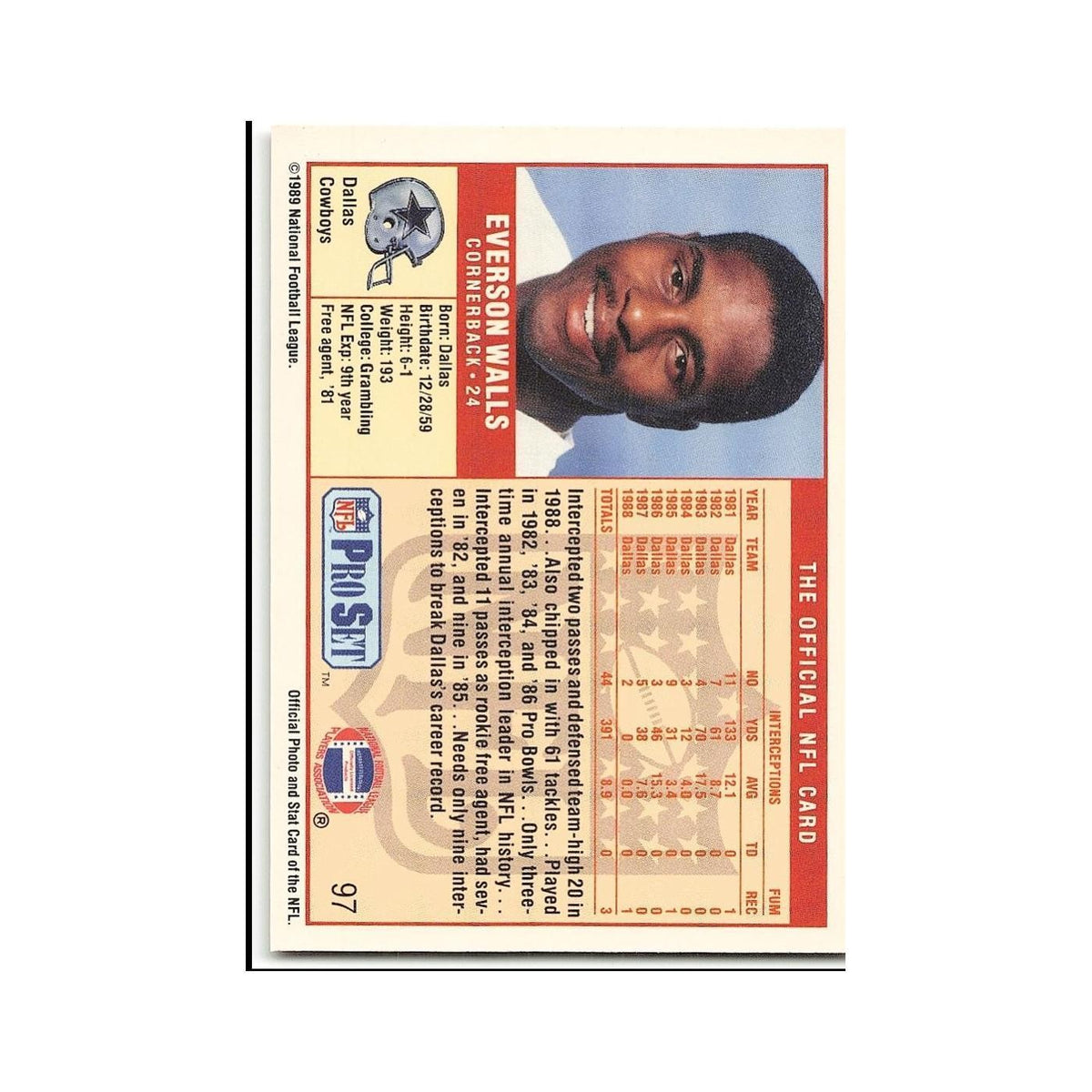 Everson Walls 1989 Pro Set #97 Dallas Cowboys Football Card NM