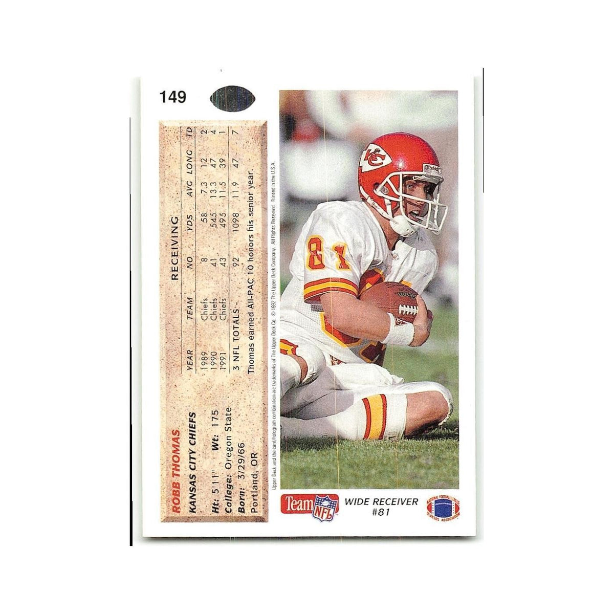 Robb Thomas 1992 Upper Deck #149 Kansas City Chiefs Football Card NM