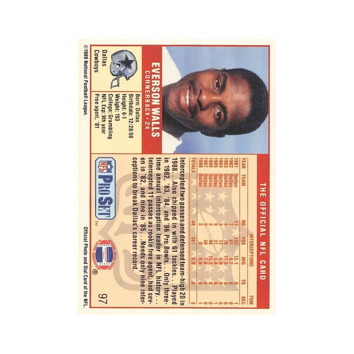Everson Walls 1989 Pro Set #97 Dallas Cowboys Football Card NM