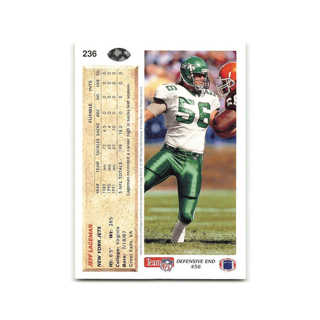 Jeff Lageman 1992 Upper Deck #236 New York Jets Football Card NM