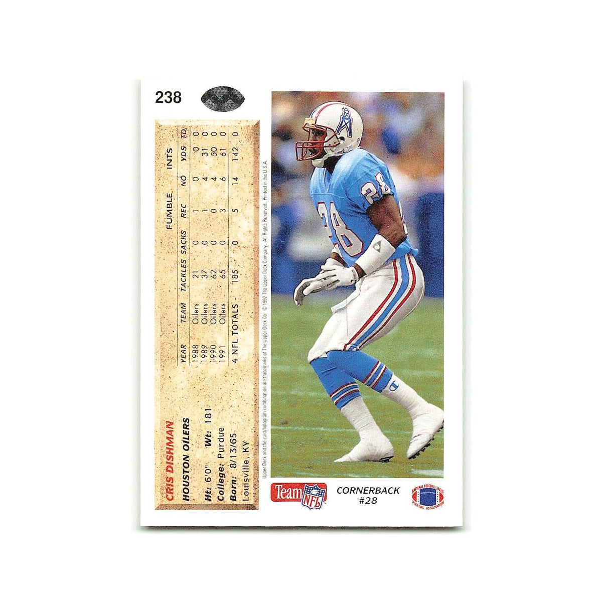 Cris Dishman 1992 Upper Deck #238 Houston Oilers Football Card NM