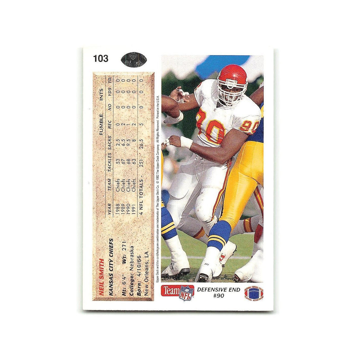 Neil Smith 1992 Upper Deck #103 Kansas City Chiefs Football Card NM