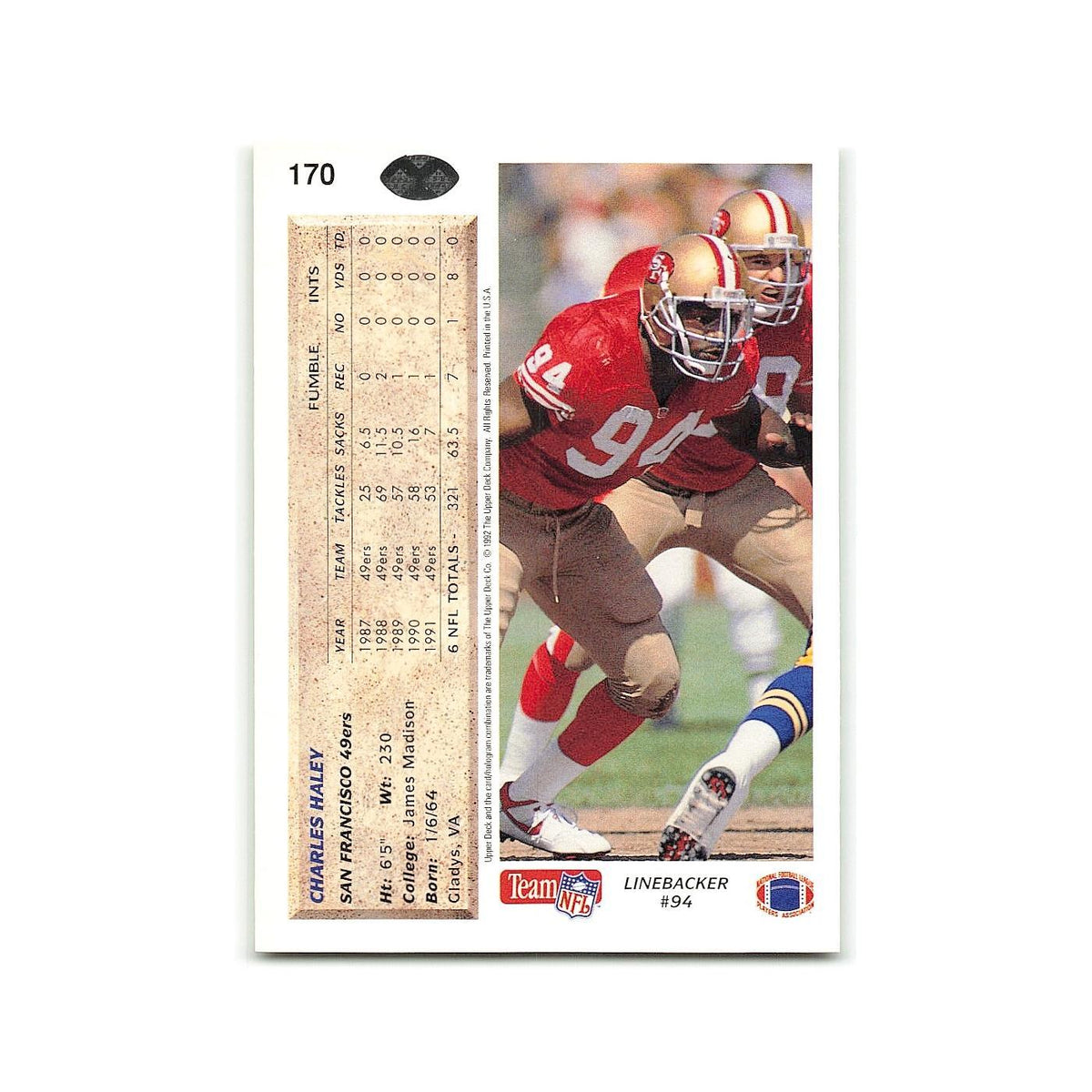 Charles Haley 1992 Upper Deck #170 San Francisco 49ers Football Card NM