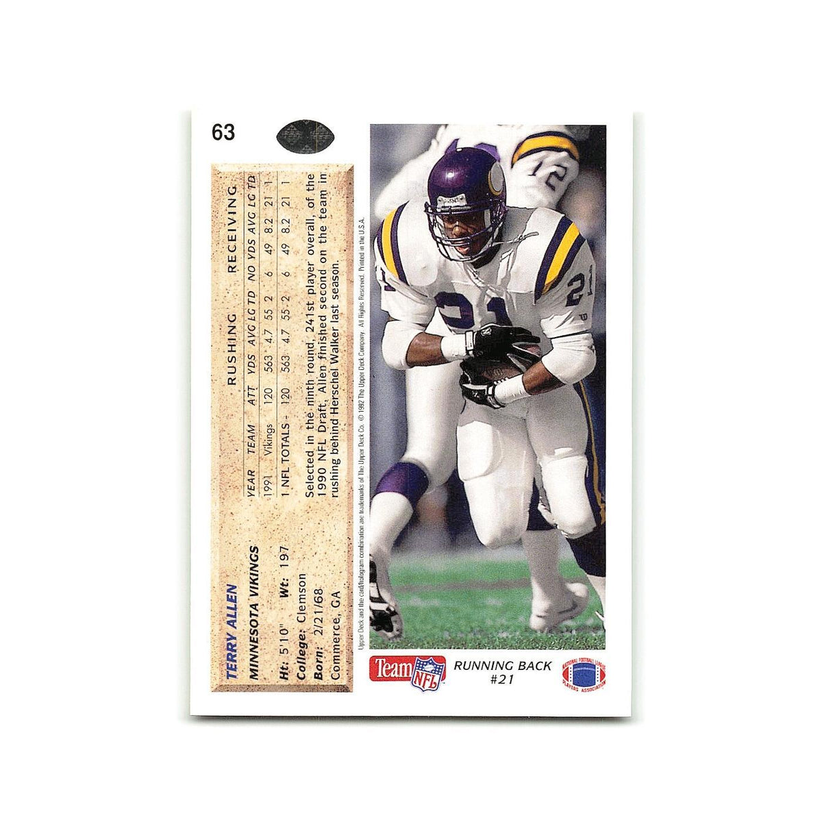 Terry Allen 1992 Upper Deck #63 Minnesota Vikings Football Card NM