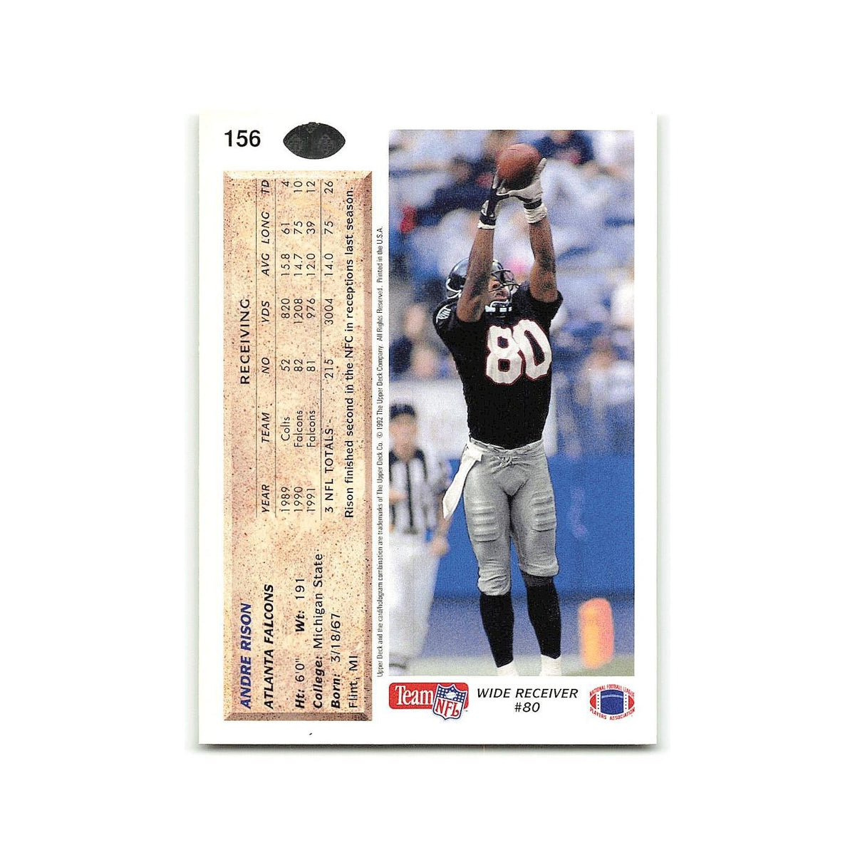 Andre Rison 1992 Upper Deck #156 Atlanta Falcons Football Card NM