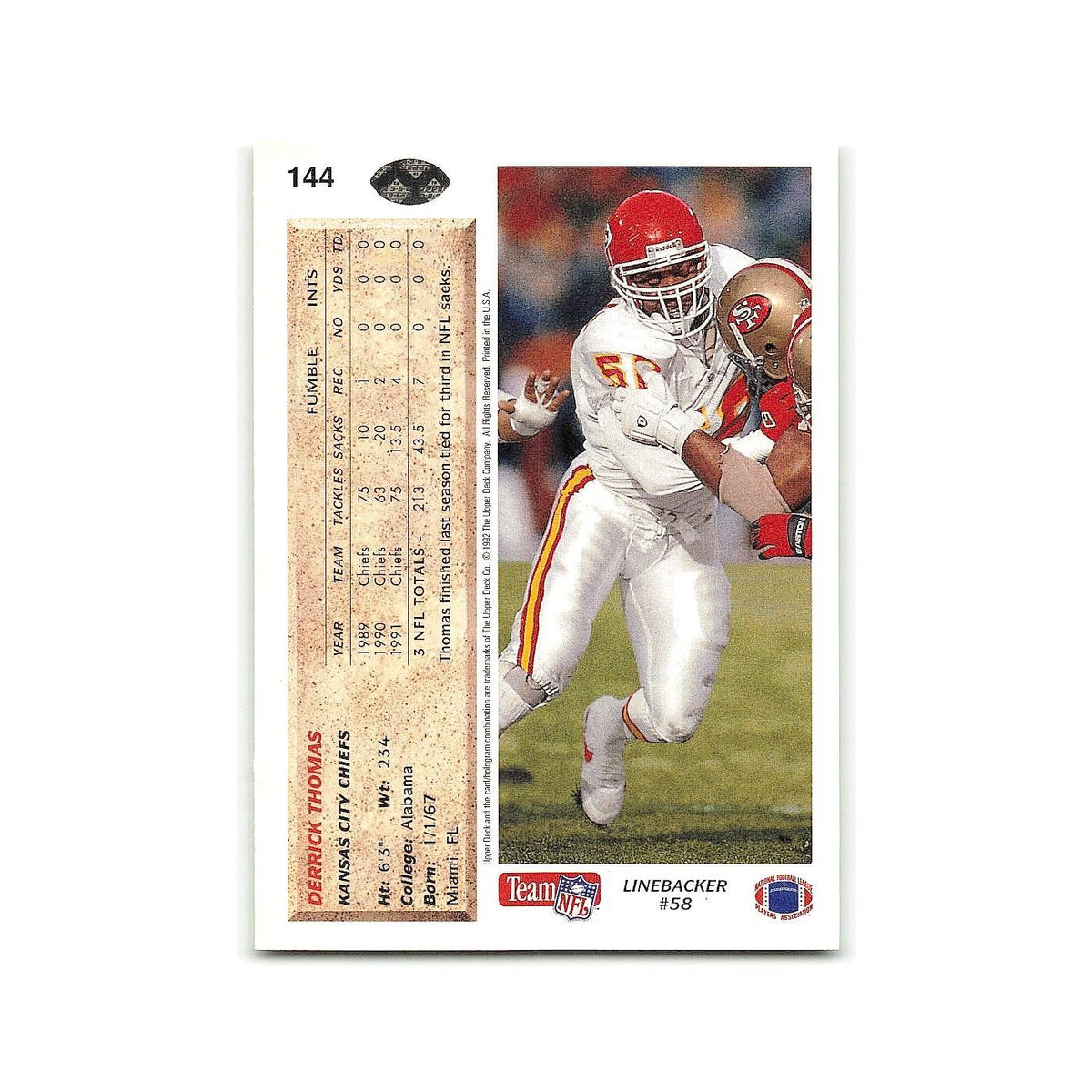 Derrick Thomas 1992 Upper Deck #144 Kansas City Chiefs Football Card NM